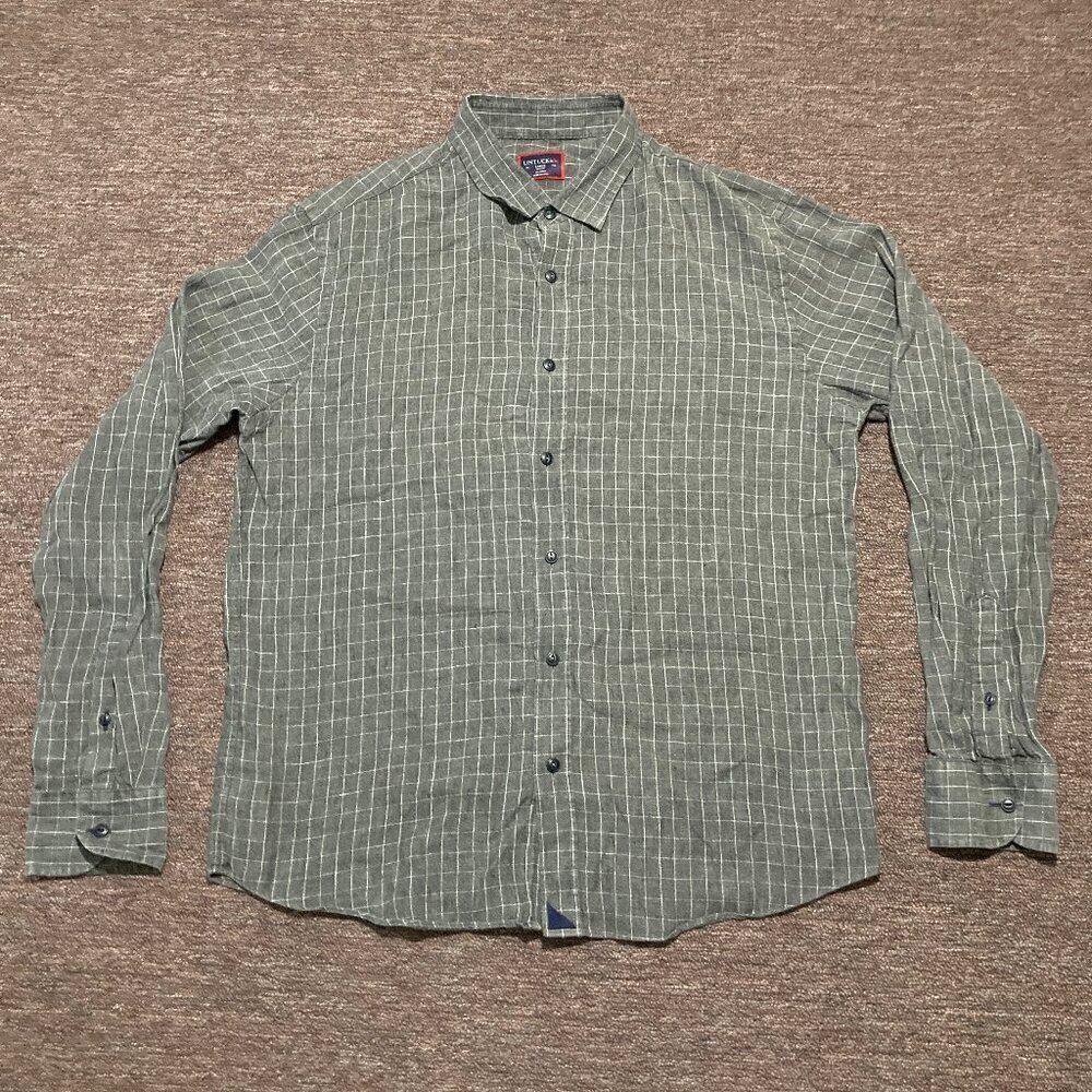 UNTUCKit Shirt Men's Large Slim Fit 100% Linen Gray Long Sleeve Button Plaid‎